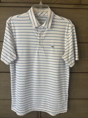 Vineyard Vines White Polo with Light Blue Stripes